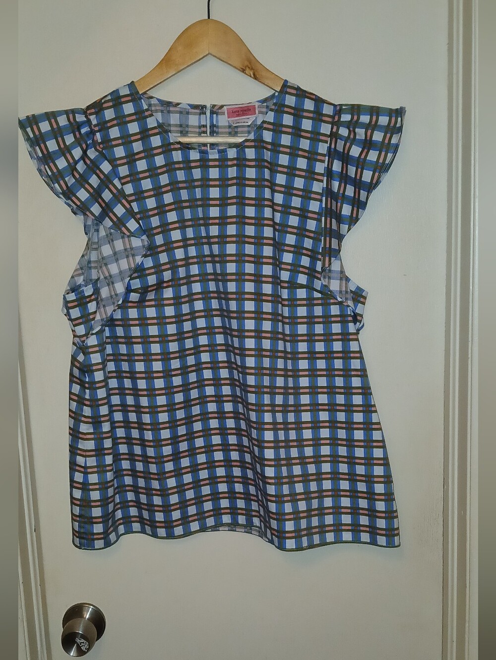 Kate Spade Plaid Flutter Sleeve Top NWOT Size Large